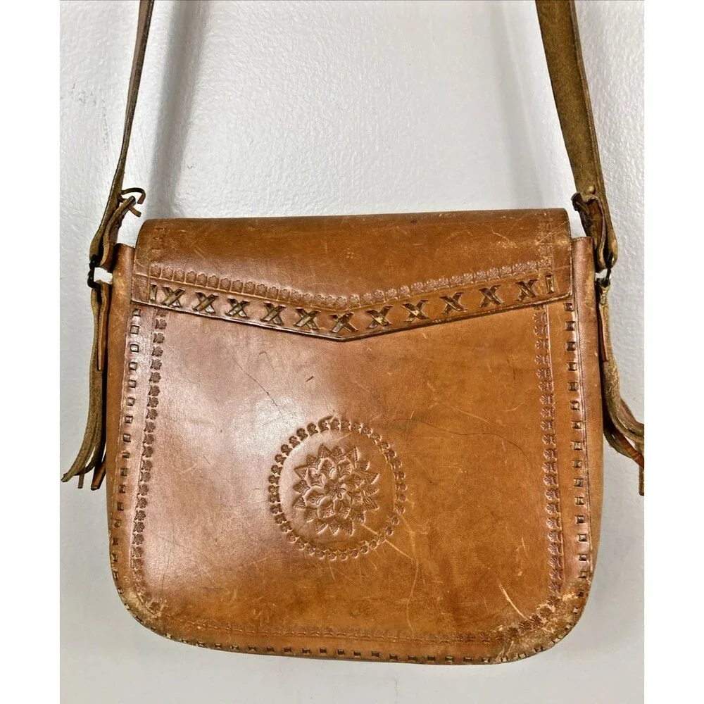 Vintage Leather Hand Tooled & Beaded Handbag Crossbody Tan Fringe Hippie Boho